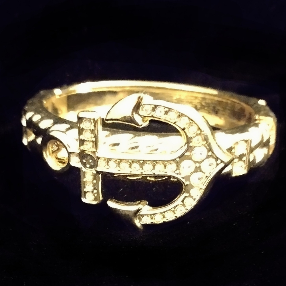 Gold Bangle With Simulated Diamonds On An Anchor
